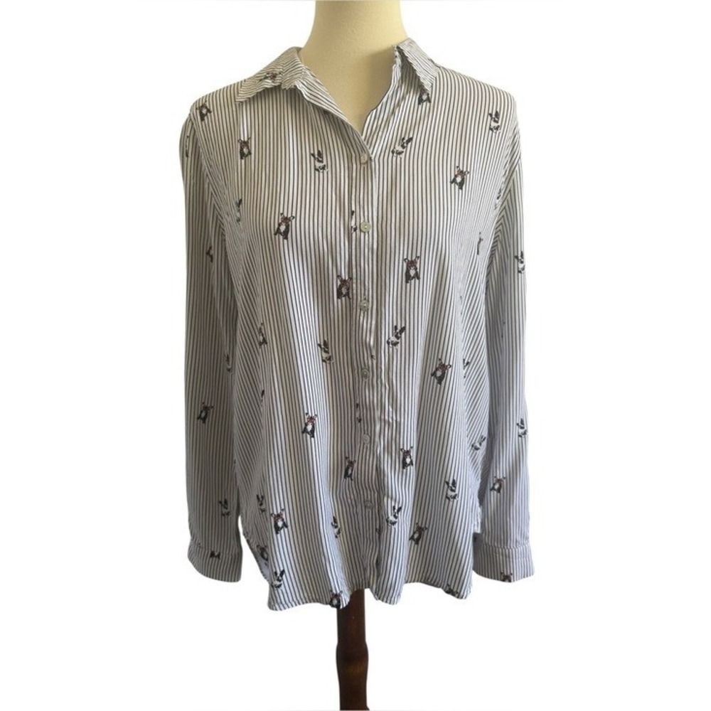 Jane and Delancey Women's French Bulldog Striped Roll Tab Sleeve Size Large